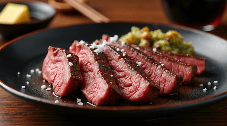 A perfectly seared Kobe beef steak, sliced into thick, juicy pieces with rich marbling, served on a black plate with garlic butter and soy sauce.