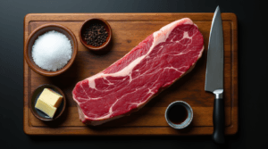 Premium A5 Kobe beef steak with rich marbling, sea salt, black pepper, butter, and soy sauce on a wooden cutting board.