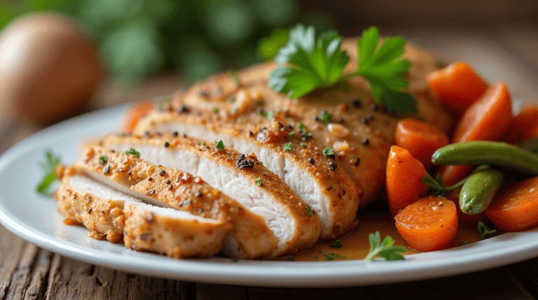 A Frozen Chicken Breast Recipes with a light frost layer on a wooden kitchen counter, surrounded by fresh herbs and a cutting board.