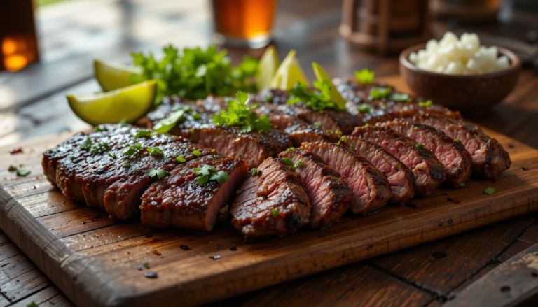 Juicy grilled Chipotle Carne Asada steak sliced against the grain, garnished with fresh cilantro and lime wedges
