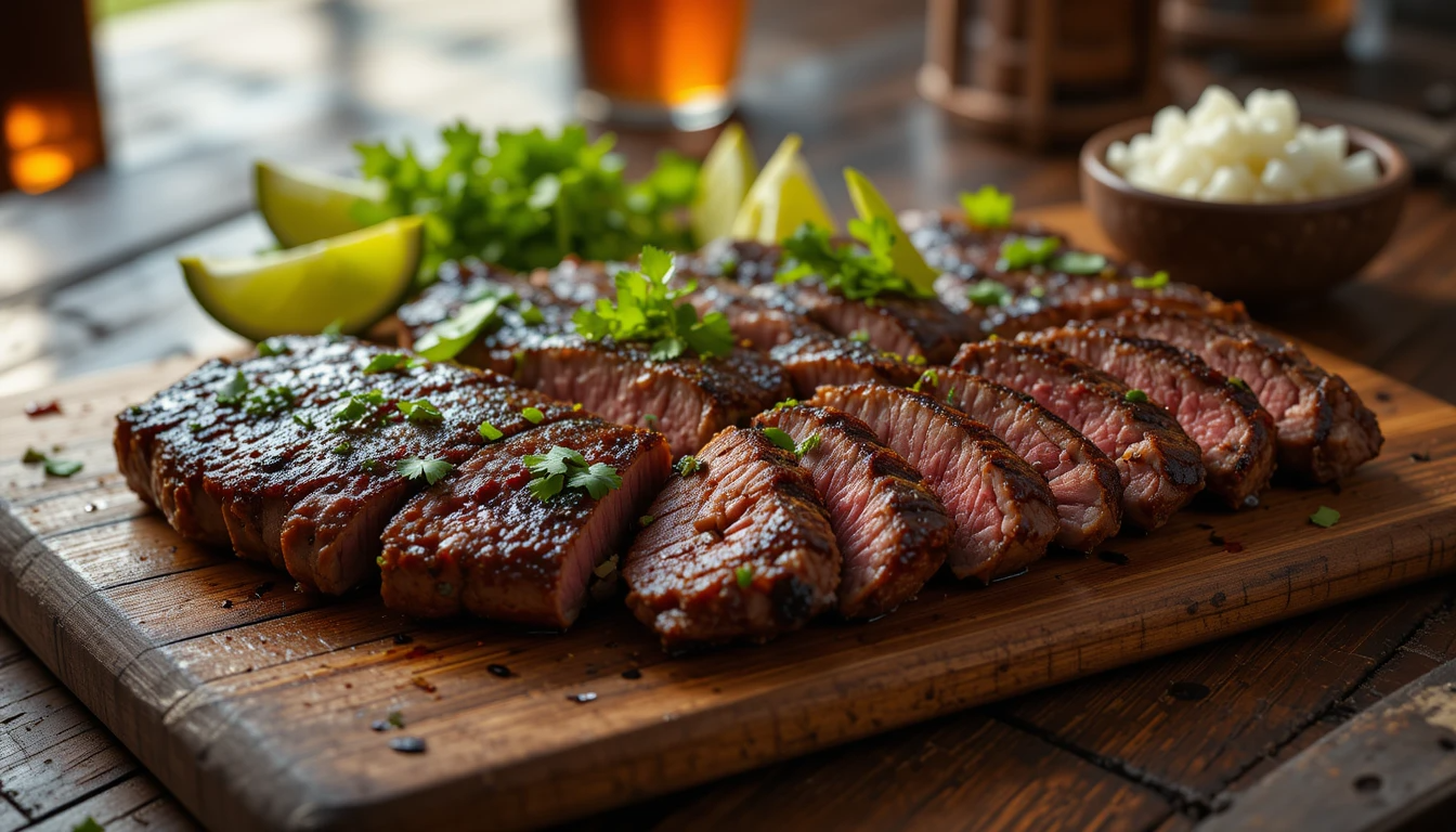 Chipotle Carne Asada Recipe Juicy grilled Chipotle Carne Asada steak sliced against the grain, garnished with fresh cilantro and lime wedges