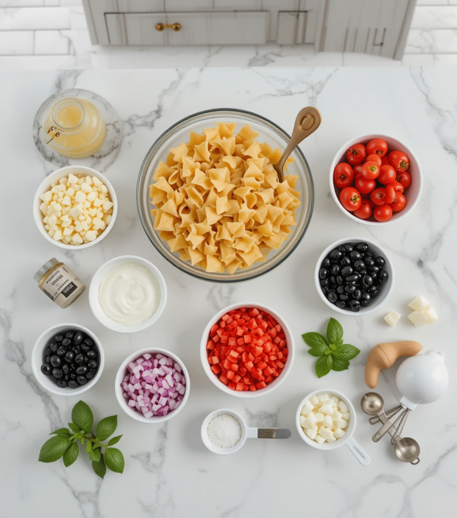 Bow Tie Pasta Salad All ingredients for bow tie pasta salad neatly arranged on marble countertop including farfalle pasta, fresh vegetables, and creamy dressing components