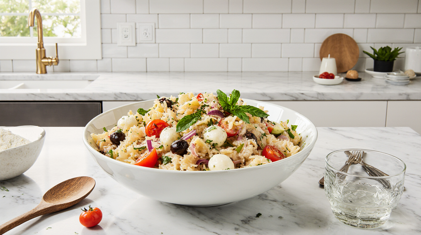 Bow Tie Pasta Salad Colorful bow tie pasta salad with cherry tomatoes, cucumber, bell peppers, and fresh basil in white ceramic bowl on marble countertop