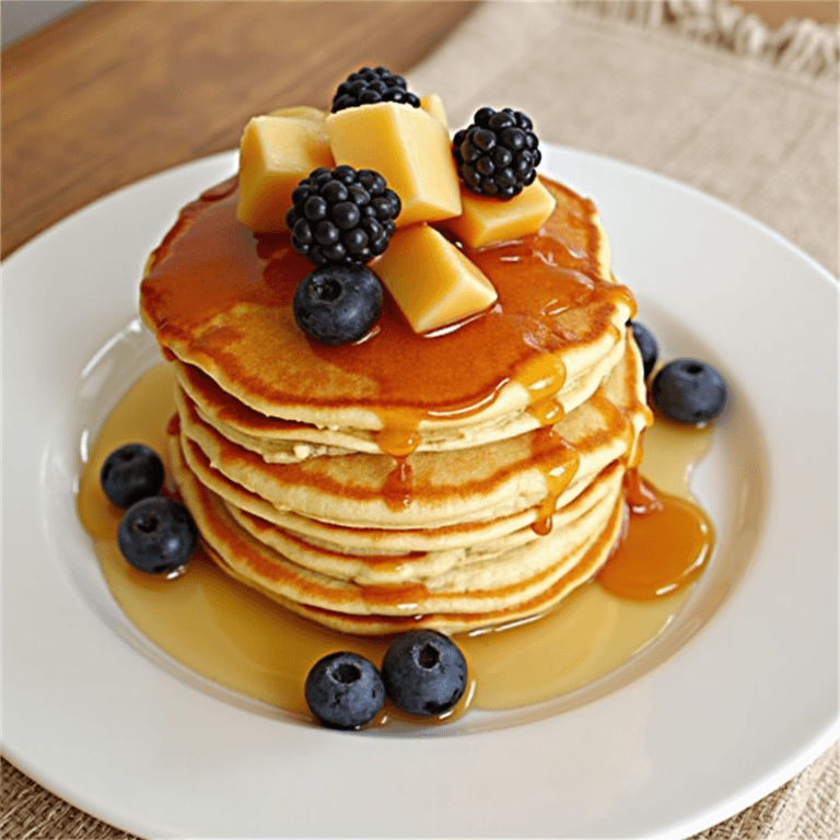 A stack of fluffy Small Batch Pancakes drizzled with maple syrup and topped with melting butter.