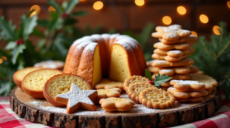 An assortment of Italian Christmas desserts, including Panettone, Pandoro, Struffoli, Torrone, and Ricciarelli, beautifully displayed on a wooden table with festive decorations.