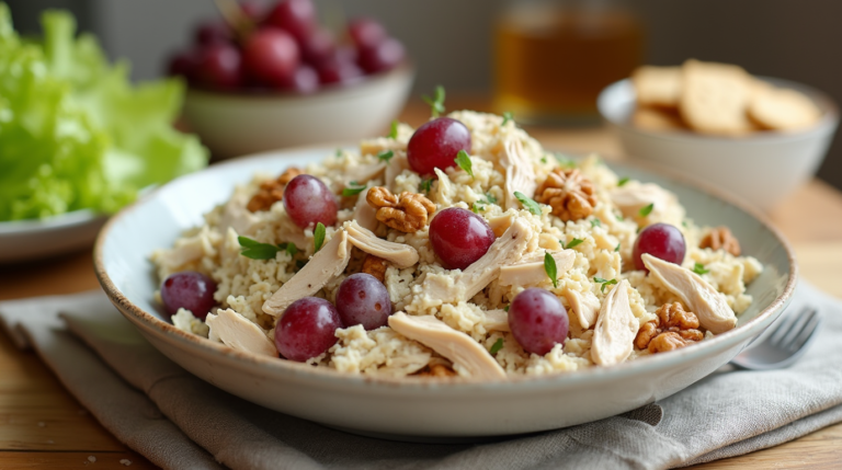 A creamy chicken salad with grapes and walnuts, served in a white bowl with a side of fresh lettuce and crackers on a rustic wooden table
