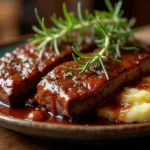 Boneless Beef Short Ribs Recipe A plate of juicy Boneless Beef Short Ribs Recipe served with mashed potatoes and fresh rosemary.