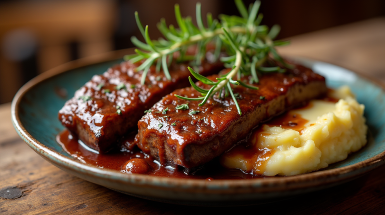 A plate of juicy Boneless Beef Short Ribs Recipe served with mashed potatoes and fresh rosemary.