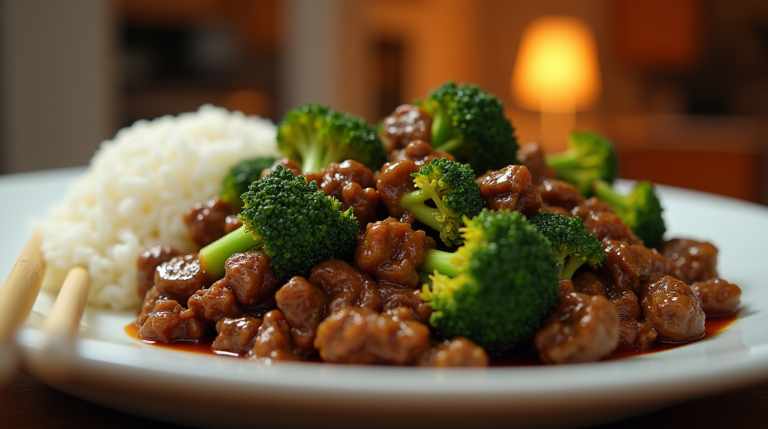 A delicious plate of ground beef and broccoli Recipe stir-fry served with rice, garnished with sesame seeds and green onions.