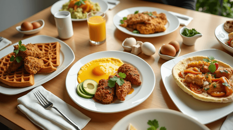 A variety of chicken breakfast recipes displayed on a breakfast table.