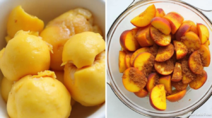 Sliced fresh peaches in a bowl, mixed with sugar and cinnamon, ready to be baked into a cobbler