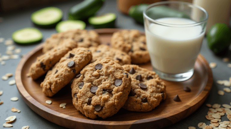 A plate of freshly baked zucchini oatmeal cookies with chocolate chips, oats, and zucchini.