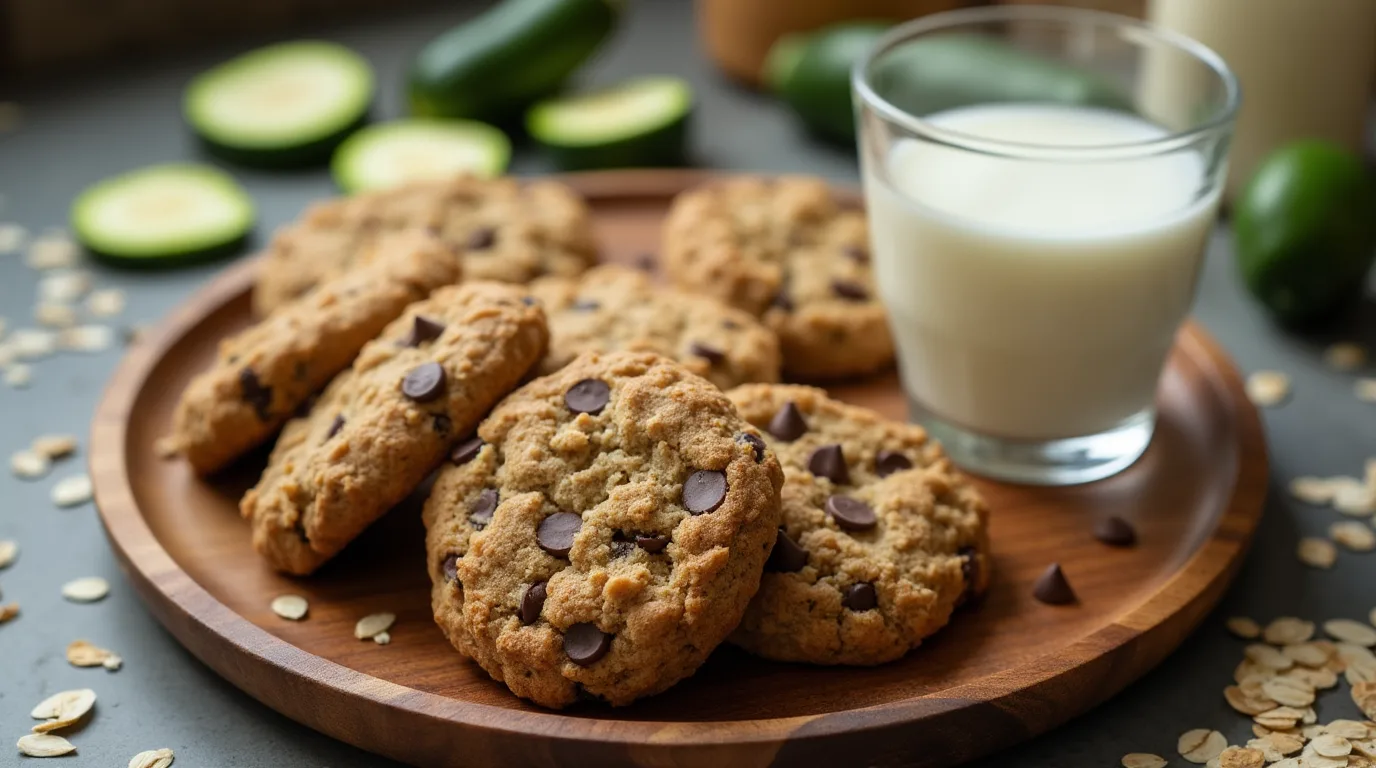 Zucchini Oatmeal Recipe A plate of freshly baked zucchini oatmeal cookies with chocolate chips, oats, and zucchini.