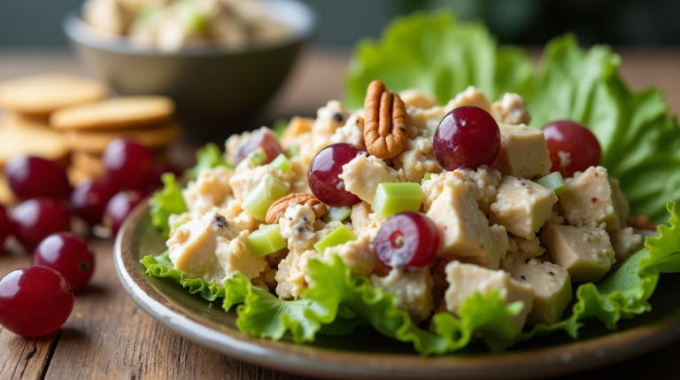 A creamy Chicken Salad Chick Grape with red grapes, pecans, and celery, served in a golden croissant on a rustic wooden table.