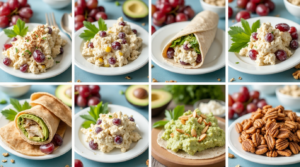 Different variations of chicken salad with grapes and walnuts, including a Greek yogurt version, a wrap, a dairy-free avocado mix, and a nutty pecan option