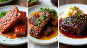 Three variations of boneless beef short ribs: Spicy Korean-style, garlic butter, and red wine braised.