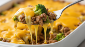 A creamy, cheesy ground beef and broccoli casserole with melted cheddar cheese on top.