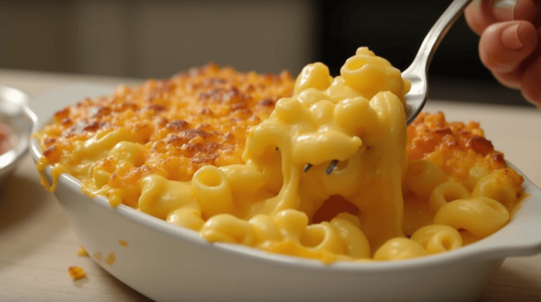 Homemade Chick Fil A Mac And Cheese recipe in a white dish with a golden, crispy cheese crust and creamy melted cheese coating the pasta