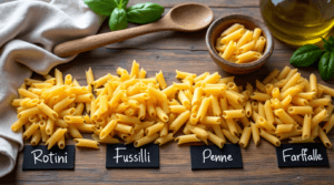  Italian Pasta Salad A selection of pasta types including rotini, fusilli, penne, and farfalle, displayed on a wooden kitchen counter.