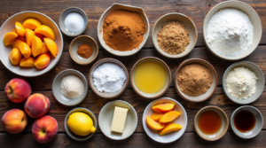 Fresh and canned peaches, sugar, spices, flour, butter, and other ingredients laid out for making peach cobbler