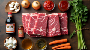 A selection of fresh ingredients for making boneless beef short ribs, including beef, garlic, onion, and seasonings.