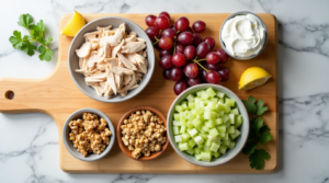 Fresh ingredients for chicken salad, including shredded chicken, grapes, walnuts, celery, and a bowl of Greek yogurt, displayed on a wooden board
