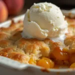 A freshly baked peach cobbler with a golden crust and juicy peach filling, topped with melting vanilla ice cream.
