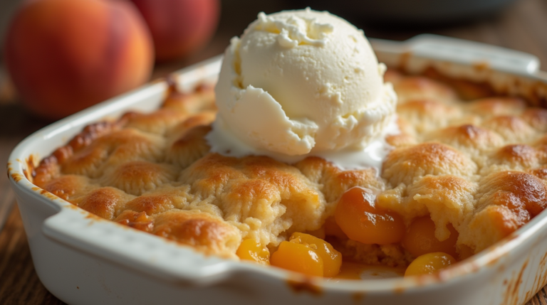 A freshly baked peach cobbler with a golden crust and juicy peach filling, topped with melting vanilla ice cream.