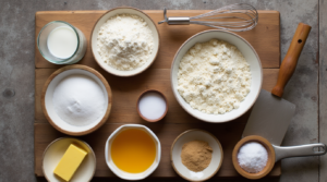 Classic Pancake Ingredients Without Buttermilk – Flour, Baking Powder, Milk, Eggs, Butter, Sugar, and Salt"

