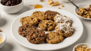 A plate displaying different zucchini oatmeal cookie variations, including chocolate chip, nutty, and coconut-topped cookies.