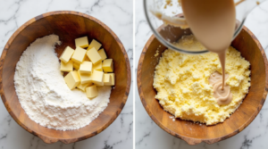 Mixing flour, butter, sugar, and milk to create a soft, buttery cobbler topping