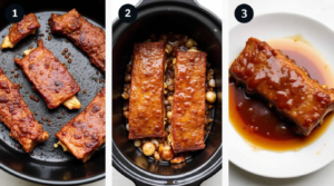 Step-by-step cooking process for boneless beef short ribs, from searing to slow cooking and serving.