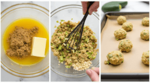 A collage of images showing the process of mixing, scooping, and baking zucchini oatmeal cookies.