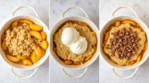 Three variations of peach cobbler—healthy, gluten-free, and an extra decadent version with caramel drizzle