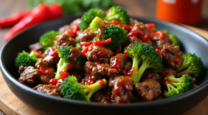 A spicy ground beef and broccoli stir-fry drizzled with Sriracha and garnished with red pepper flakes.