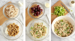 A visual guide showing the process of making chicken salad with grapes and walnuts, including shredding chicken, chopping ingredients, and mixing in a bowl