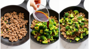 A four-step collage of cooking ground beef and broccoli, from browning the beef to adding sauce and garnishing the final dish.
