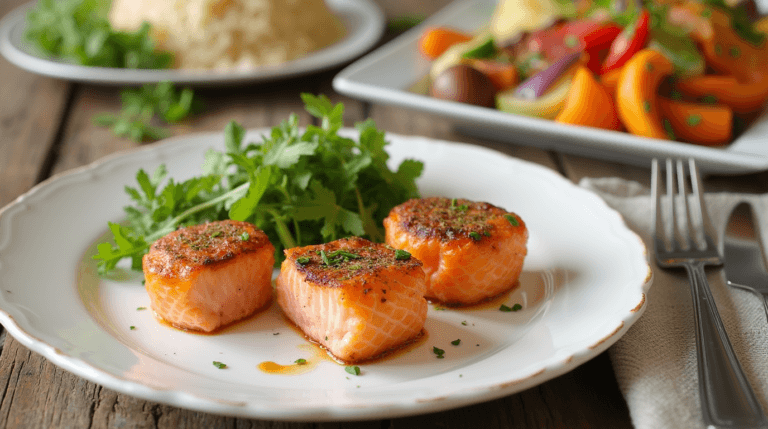 A plate of golden-brown Salmon Bites Recipe garnished with fresh parsley and served with spicy mayo dipping sauce.