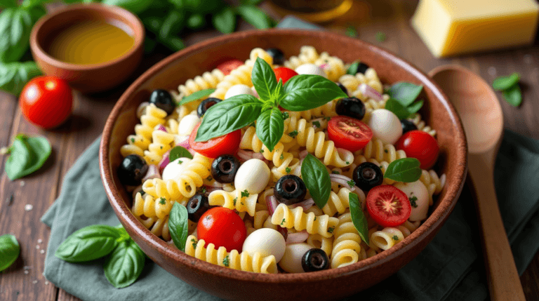 A vibrant bowl of Italian Pasta Saladwith rotini, cherry tomatoes, olives, mozzarella, and basil, served on a rustic wooden table.