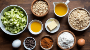 A flat-lay of ingredients for zucchini oatmeal cookies, including grated zucchini, oats, flour, and cinnamon.