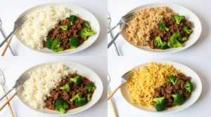Four bowls showcasing different serving options for ground beef and broccoli: white rice, brown rice, lo mein noodles, and cauliflower rice.