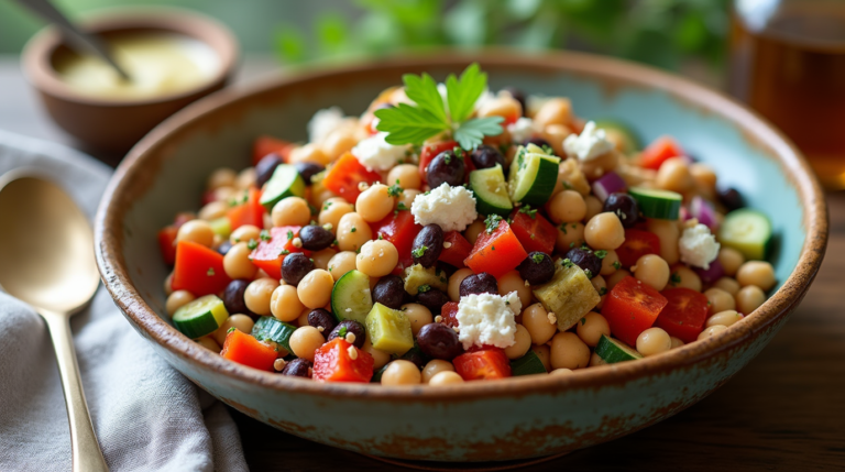 This Dense Bean Salad is the ultimate combination of taste and nutrition! Featuring chickpeas, black beans,