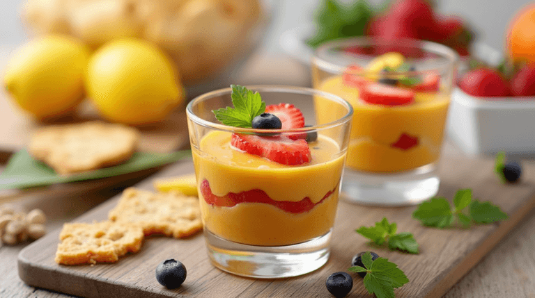 Delicious breakfast shot filled with fruits, oats, and yogurt.