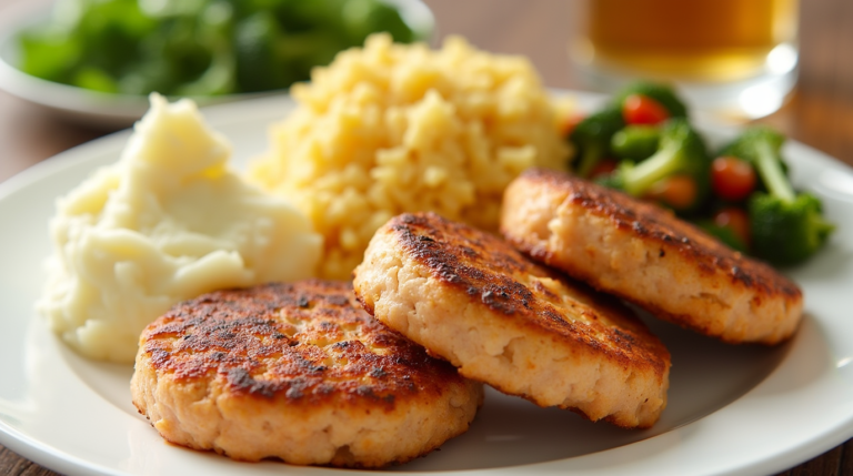 A plate of golden brown Old Fashioned Salmon Patties  with fresh parsley and served with lemon wedges and tartar sauce