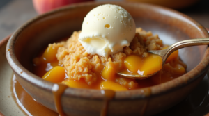 A serving of warm peach cobbler topped with melting vanilla ice cream and a drizzle of caramel sauce
