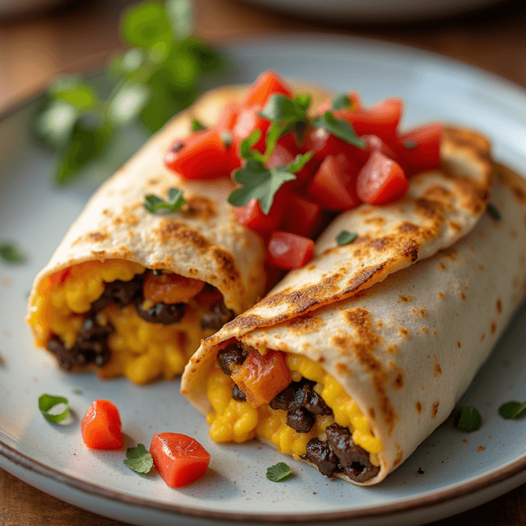 A whole breakfast burrito on a white plate with a dollop of salsa, placed on a stainless steel countertop in a modern kitchen.