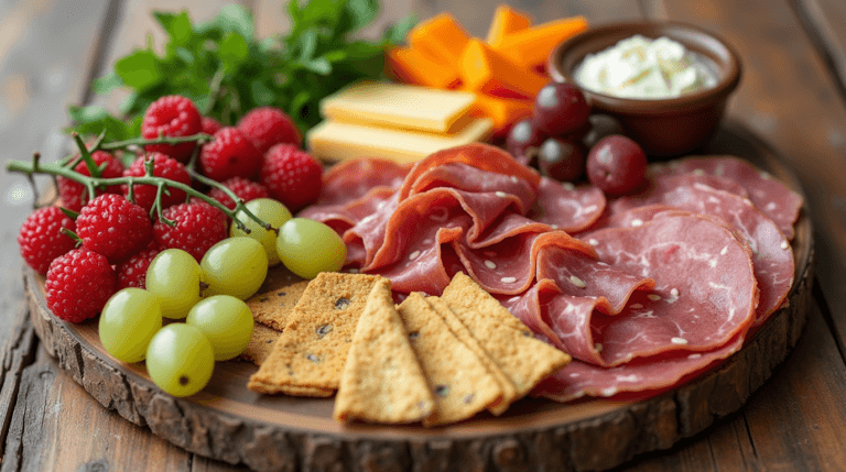 Charcuterie lunch box with fruits, meats, and cheeses.