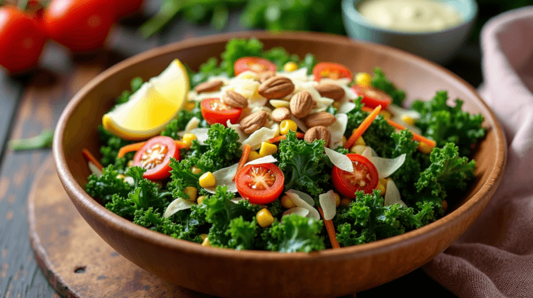 Chick-fil-A inspired kale salad with curly kale, carrots, roasted corn, and cherry tomatoes in a wooden bowl