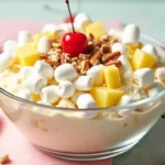 A close-up of Heavenly Hash Dessert in a clear glass dish, showcasing creamy layers with mini marshmallows, pecans, pineapple, and maraschino cherries, garnished with a cherry and pecans.
