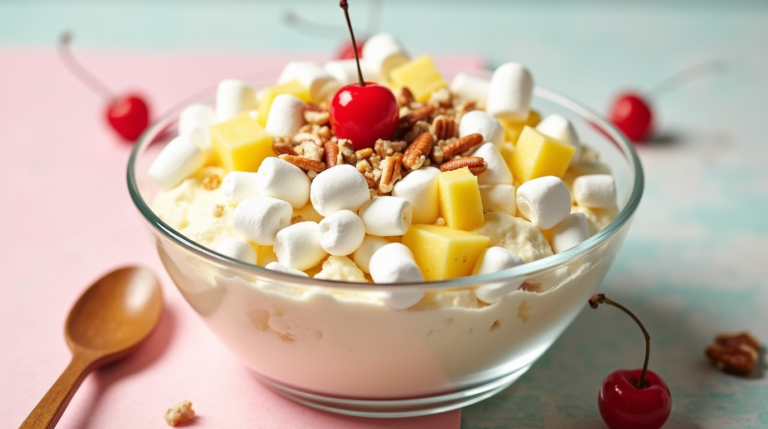 A close-up of Heavenly Hash Dessert in a clear glass dish, showcasing creamy layers with mini marshmallows, pecans, pineapple, and maraschino cherries, garnished with a cherry and pecans.